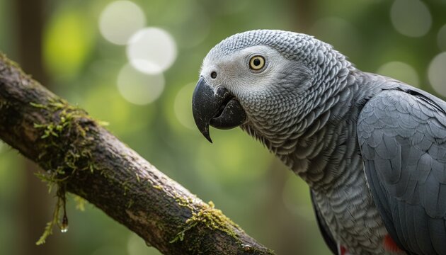 Congo african grey parrot perched on tree branch with detailed plumage in tropical forest