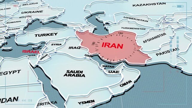  A 3D world map highlights Israel, and Iran, the Middle East, IRAN map, Israel map, iran israel war, iran israel map