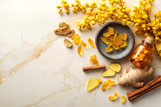 Berberine metabolic health flatlay with barberry berries yellow botanical flowers cinnamon ginger and natural blood sugar support botanicals on warm marble surface for longevity supplement concept