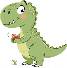 Fototapeta premium Cute Dinosaur Holding a Small Colorful Toy in Hand