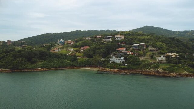 Garopaba Bay Drone View with Fishing Boats, Turquoise Sea and Rocky Coastline