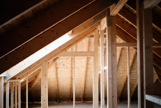 Subject: An unfinished attic space. Action: Construction or renovation is underway. Setting: Inside a wooden attic with exposed beams.