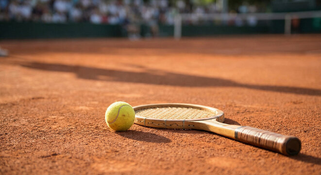 uma bola de tenis e uma raquete em uma quadra de saibro
