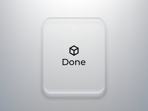 Done button with cube icon in glassmorphism style. Abstract frosted glass ui element for mobile application or website interface. Modern digital web design component for success vector.