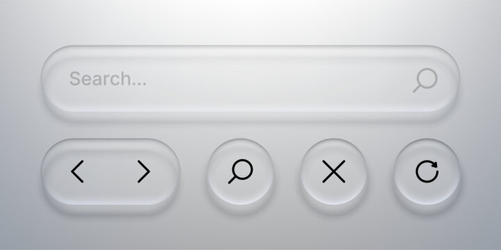 Search bar and control buttons in liquid glass morphism style. UI element set with frosted glass effect for website interface. Modern digital navigation design for application concept.
