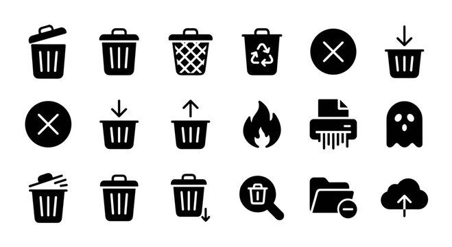 Filled delete trash ui icons set for app interface file removal and recycle concept
