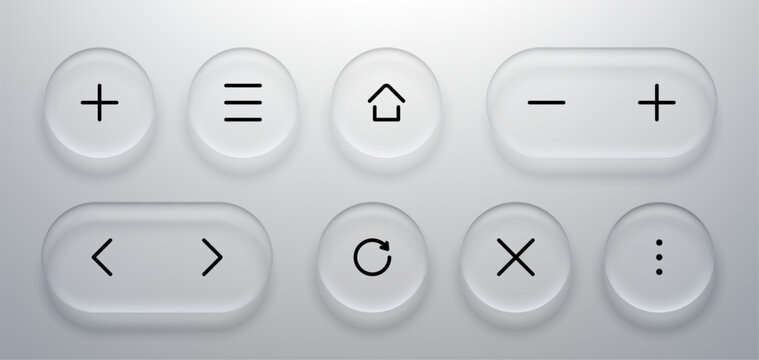 Set of interface buttons with liquid glass morphism effect. Frosted glass ui elements with navigation icons. Digital design for mobile application and website web development interface kit.