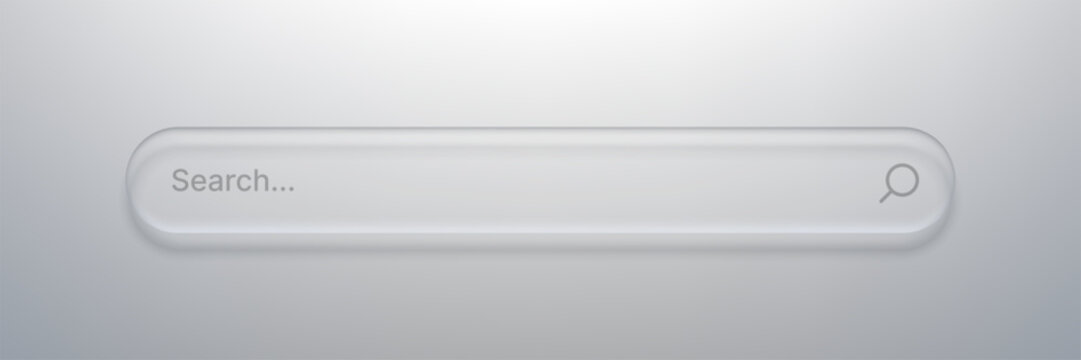 Search bar with liquid glass morphism effect. Modern interface element with frosted translucent style and blur background to browsing web. Clean ui design for app, desktop or mobile.
