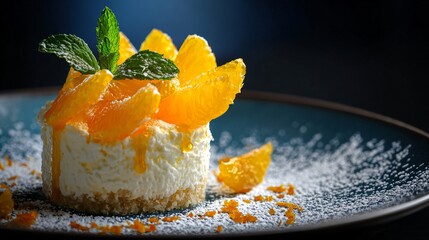 A gourmet plated individual trifle portion with artistic orange segments