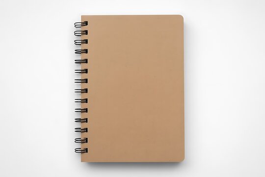 A simple brown spiral bound notebook is shown against a plain white background
