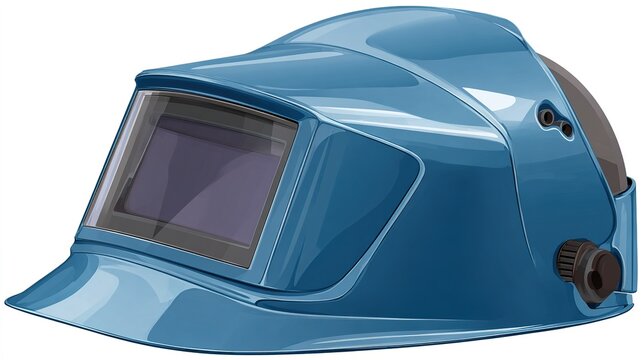 Blue welding helmet with visor, side vents, and chin strap.