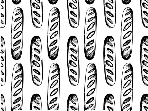 Hand Drawn Black And White Baguette Bread Pattern White Background food bakery