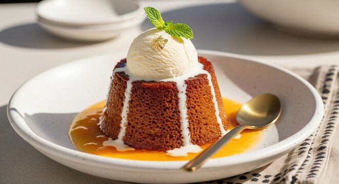 South African malva pudding dessert with vanilla ice cream and mint served in white plate