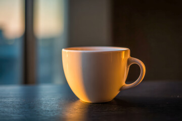 Obraz premium Warm soft light illuminating a plain white ceramic mug resting on a dark wooden table near a window during early morning or late afternoon hours