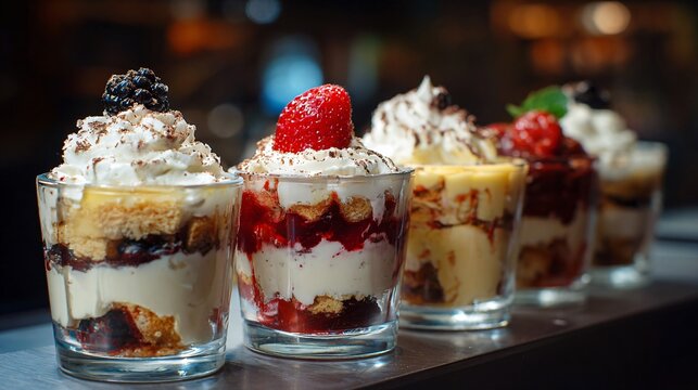 A modern cafe dessert counter showcasing layered trifles in glass cups