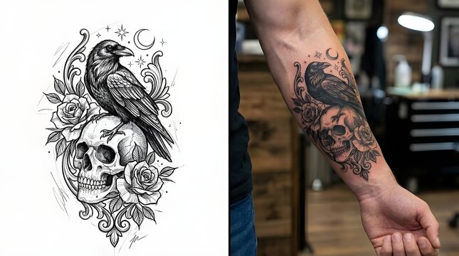 A person showcasing a unique tattoo design on their arm in a studio