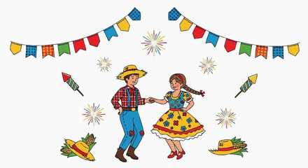 Naklejka premium Vector art of São João festival, dancing people, bonfire, lanterns, white background