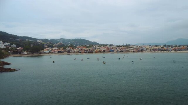 Garopaba Bay Drone View with Fishing Boats, Turquoise Sea and Rocky Coastline
