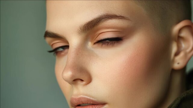 Stylish young woman with makeup and a fashionable haircut, looking away. The video is high resolution for microstock purposes.