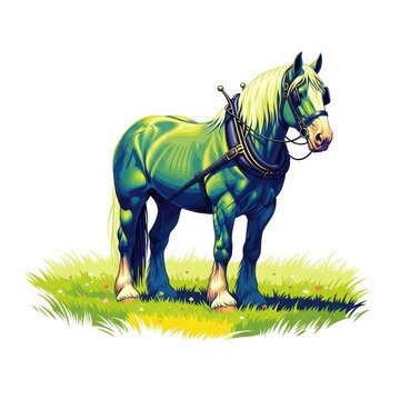 A powerful draft horse standing in a grassy field, showcasing its immense size and heavy build, suitable for agricultural pulling tasks, standing, powerful, heavy horse