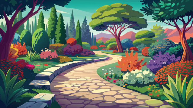 A pixel art image of a garden path with flowers and trees Vector