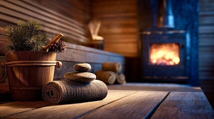 Obraz premium Sauna interior with hot stones and burning fireplace for relaxation