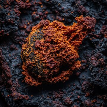 Abstract macro image displaying severe biological rot, mold, and decomposition, creating a dark, grungy, and porous textured background, earthy, scary, decomposition