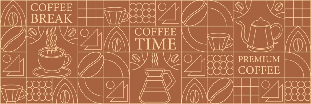 Geometric coffee pattern in minimalist Bauhaus style. Geometric line drawing. Abstract print background with simple shapes for coffee shop, food packaging, cafe wall, menu.
