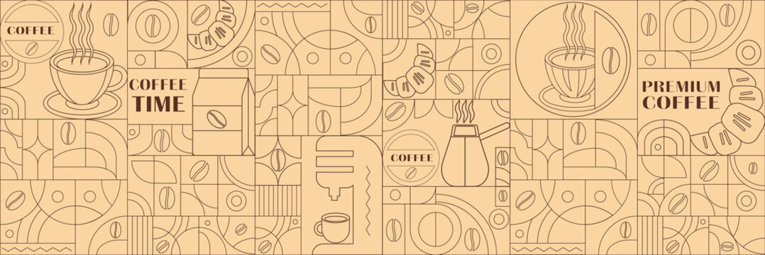Geometric coffee pattern in minimalist Bauhaus style. Geometric line drawing. Abstract print background with simple shapes for coffee shop, food packaging, cafe wall, menu.