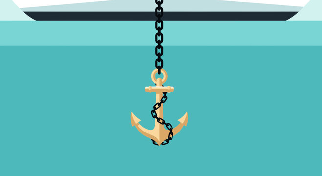 Golden Anchor Suspended By Chain Beneath Ship Hull On Calm Waters