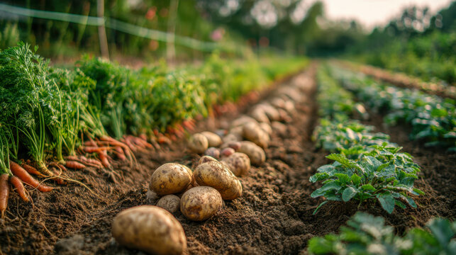 Freshly harvested potatoes laying on fertile soil between rows of green carrot tops and leafy vegetable plants in a sunlit organic garden field taken at a low angle