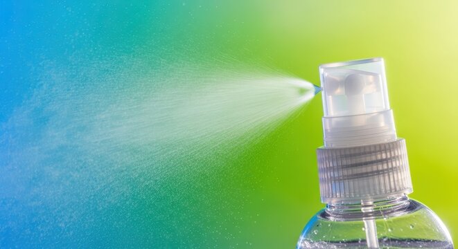 A close-up shot of a clear plastic sprayer bottle emitting a fine mist of liquid, used for general household cleaning or plant care, liquid, sanitize, hydration