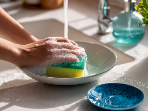 Person washing a white ceramic bowl with a green and yellow sponge covered in soap suds over a kitchen sink with sunlight reflecting on the countertop and nearby dis
