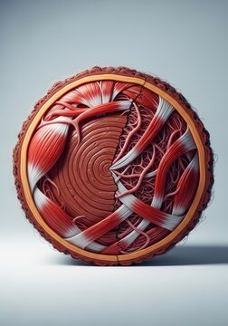 A cross-section of bizarre material showing wood grain merged with muscle tissue, creating a strange organic firewood hybrid object, wood, dark, muscle