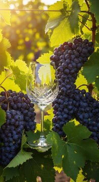 A crystal wine glass sits nestled among ripe purple grapes and green leaves in the sunny rows of a lush vineyard during the harvest season, landscape, vintage, outdoors