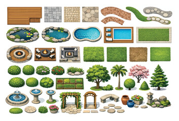 Landscape garden design map elements set with pools, fountains, fire pits, stone paths, and variety of trees and shrubs for backyard planning isolated on white background.