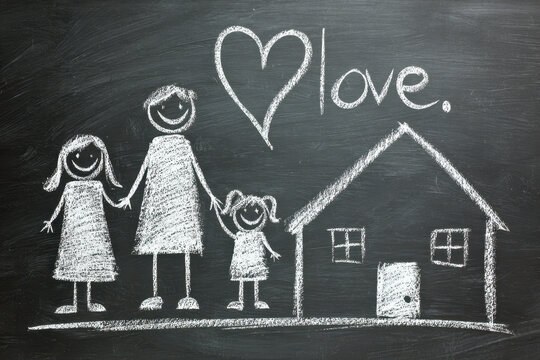 Chalkboard drawing illustrating a happy family holding hands beside a simple house with a heart symbol and the word love written above on black background