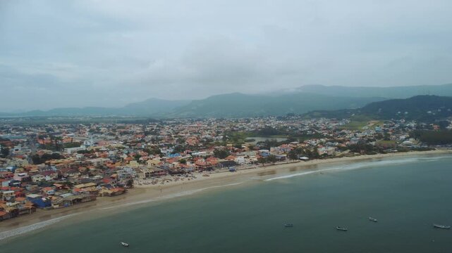 Garopaba Bay Drone View with Fishing Boats, Turquoise Sea and Rocky Coastline