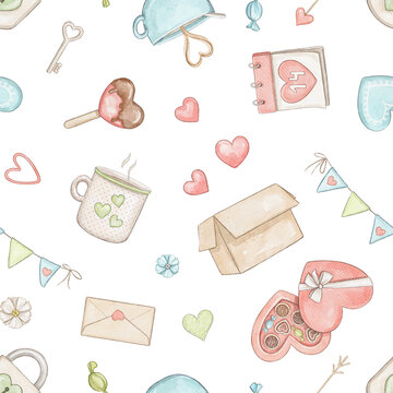 Seamless pattern with set with various objects symbol of holiday Valentine's Day isolated on white background. Watercolor hand drawn illustration sketch