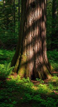 Majestic, weathered tree bole displaying deep, rough texture amidst the dense undergrowth of an ancient forest environment. Sun dappling through leaves, nature, timber, brown