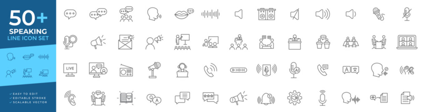 Speaking line icon set featuring public communication symbols, including microphones, megaphones, dialogue bubbles, podcasting, and voice commands for media and audio concepts.