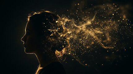 Obraz premium Woman's silhouette dissolving into golden stardust, symbolizing creativity and imagination