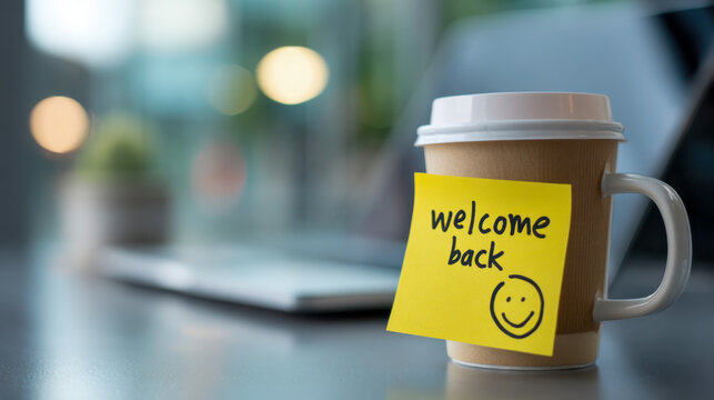 Paper coffee cup with welcome back note and smiley on a desk with blurred laptop and glass wall background in office setting