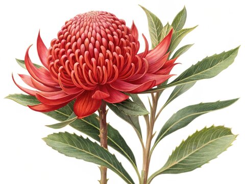 Telopea &ndash; Red telopea waratah large rounded spiky bloom with bracts, isolated on white background