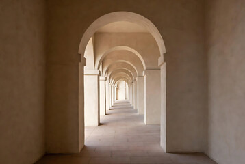 Fototapeta premium A long, arched corridor with pillars leads into the distance.
