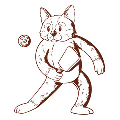 Black and white drawing of a cat holding a tennis ball © Vexels