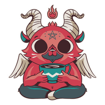Red demon holding a cup of coffee