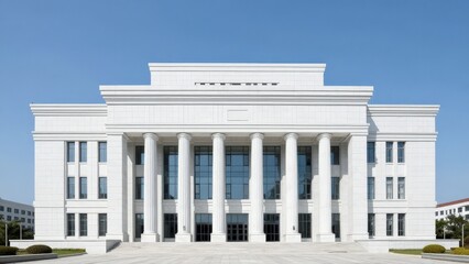 Fototapeta premium Official Civic Edifice With Symmetrical Window Arrangements And Columns, Traditional Neoclassical Civic Edifice Characterized By Balanced Windows And Majestic Columns Framing Entrance