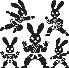 Fototapeta premium 5 karate rabbit silhouettes performing various martial arts poses in a flat vector design