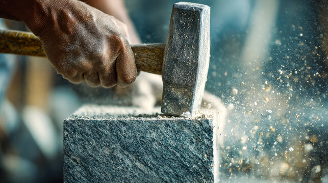 Skilled worker using a hammer to shape rough stone with dust particles flying during detailed masonry craftsmanship in an industrial setting